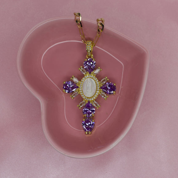 Purple Virgencita Cross Necklace